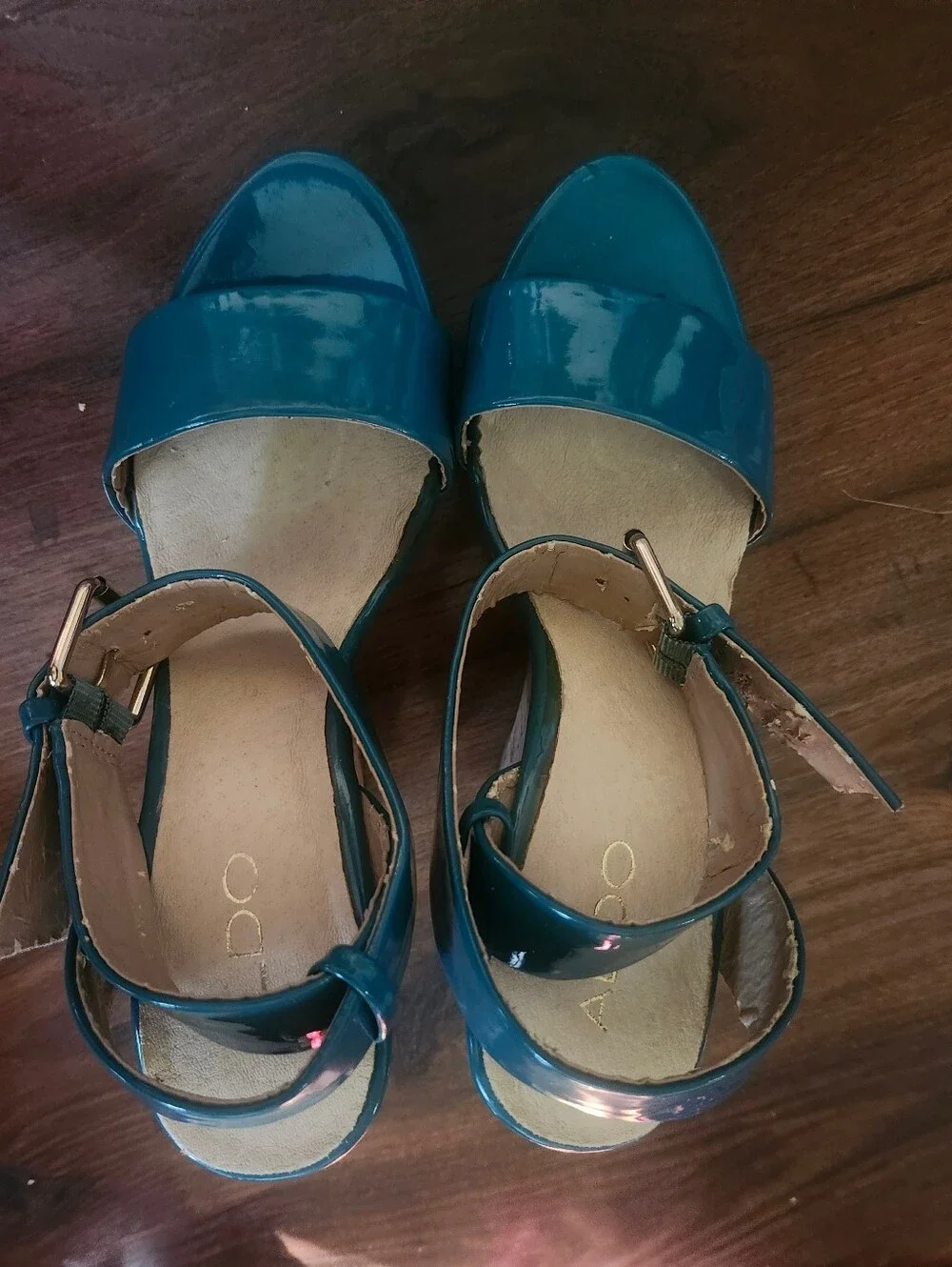 Aldo Teal Open-Toe Ankle Strap Sandals W/ Cork Wedge